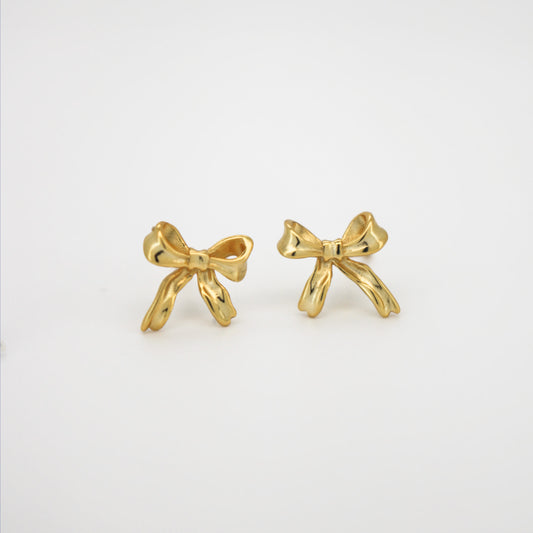 COQUETTE - 925 Sterling Silver Solid Bow Earrings ∙ Ribbon Gold Stud