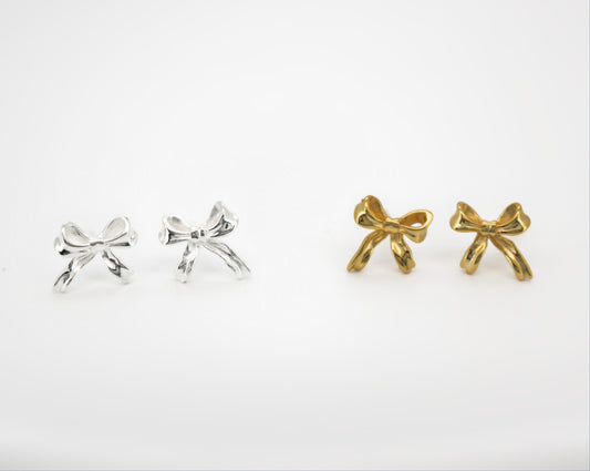 COQUETTE - 925 Sterling Silver Solid Bow Earrings ∙ Ribbon Gold Stud ∙ Minimalist Simple Earrings ∙ Waterproof