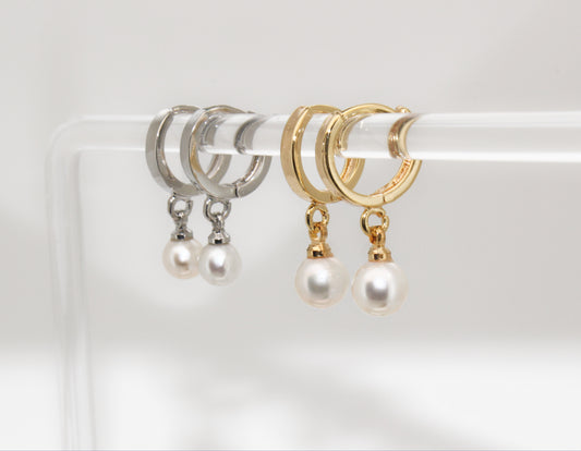 JUNE - Silver Pearl Drop Huggies Earrings ∙ Pearl Dangle Earring ∙ Wedding Pearl Layering Earrings ∙ Ocean Inspired Jewelry