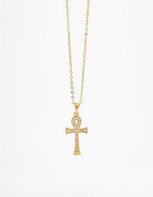 Ankh necklace ∙ Gold filled chain ∙ Paved charm cross zircon ∙ Ansated cross pantheon egypt ∙ 14x29mm