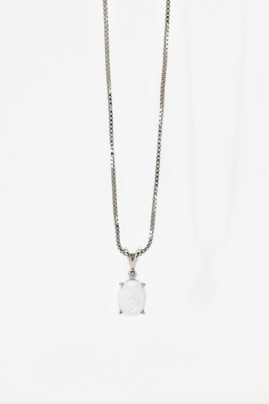 Opal Necklace in Genuine 925 Sterling Silver ∙ White Opal Drop Oval Charm Necklace