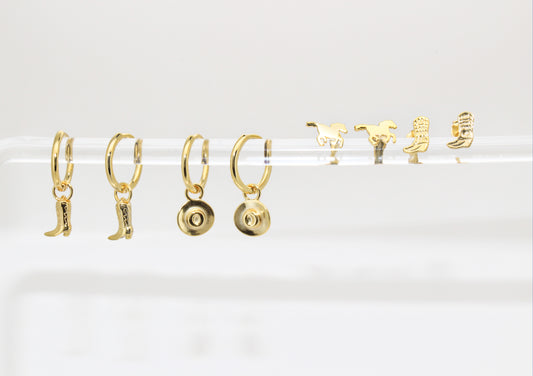 WESTERN - 925 Sterling Silver Country Earrings 18k Set · Cowboy Hat Horse Stud and Hoop