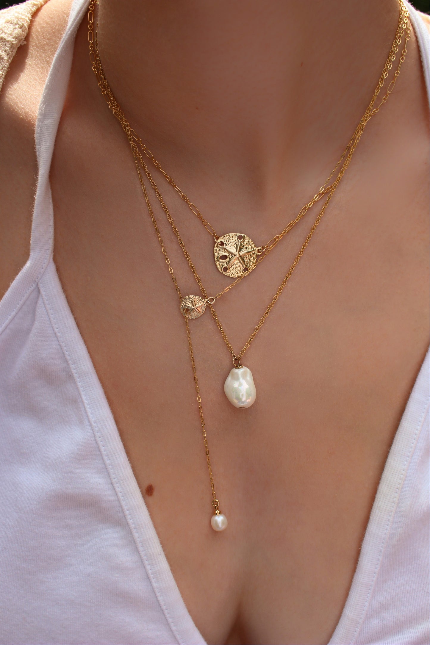 14k Gold Filled Sea Shell Y Necklace with drop pearl ∙ Sand Dollar Charms ∙ Wedding Jewelry ∙ Dangle Pearl Necklace ∙ Waterproof