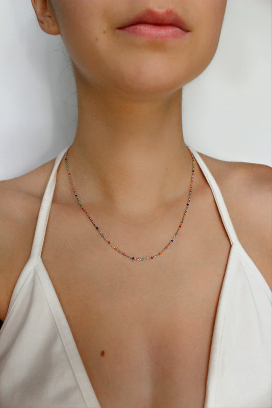 Colorful Rainbow Dainty Beaded Necklace In 925 Sterling Silver