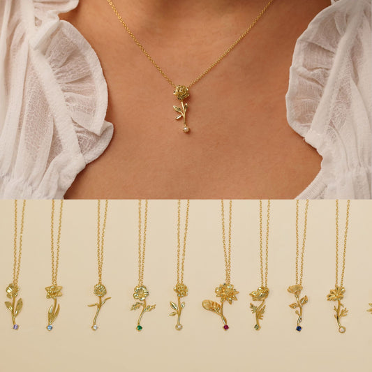 18K Gold Birth flower Necklace · Dainty Gold Jewelry · Birthstone Diamond Flower Necklace · Stackable Necklace · Birthday Gift For Her
