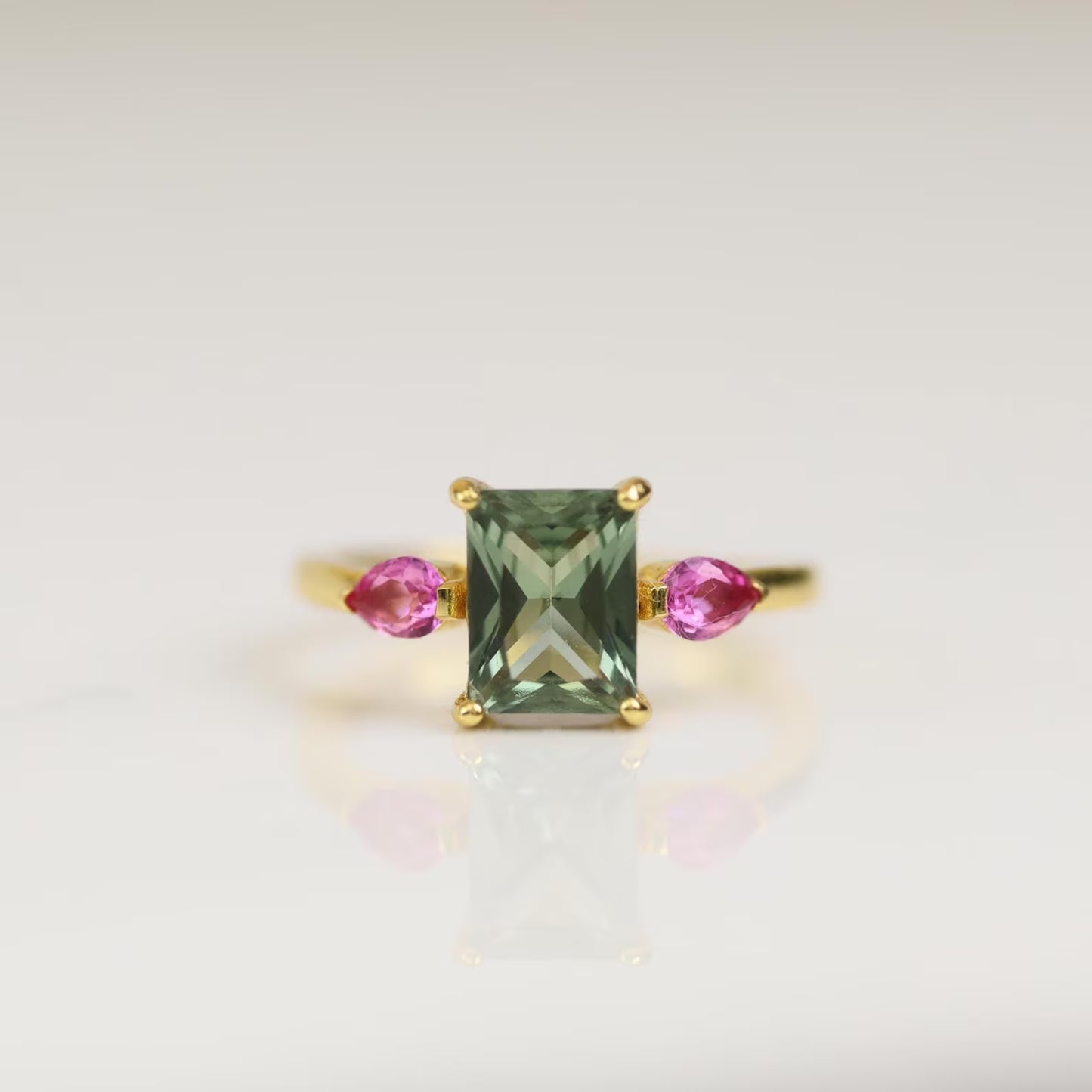 AUDREY - 18K Gold Vermeil AAAAA Green Emerald Cut and Pink Ring