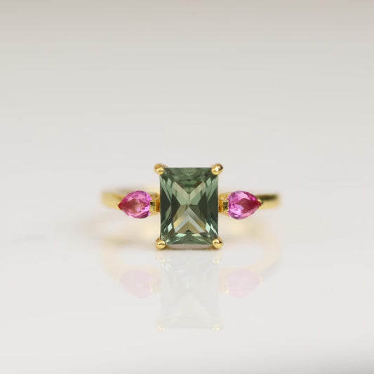 AUDREY - 18K Gold Vermeil AAAAA Green Emerald Cut and Pink Ring