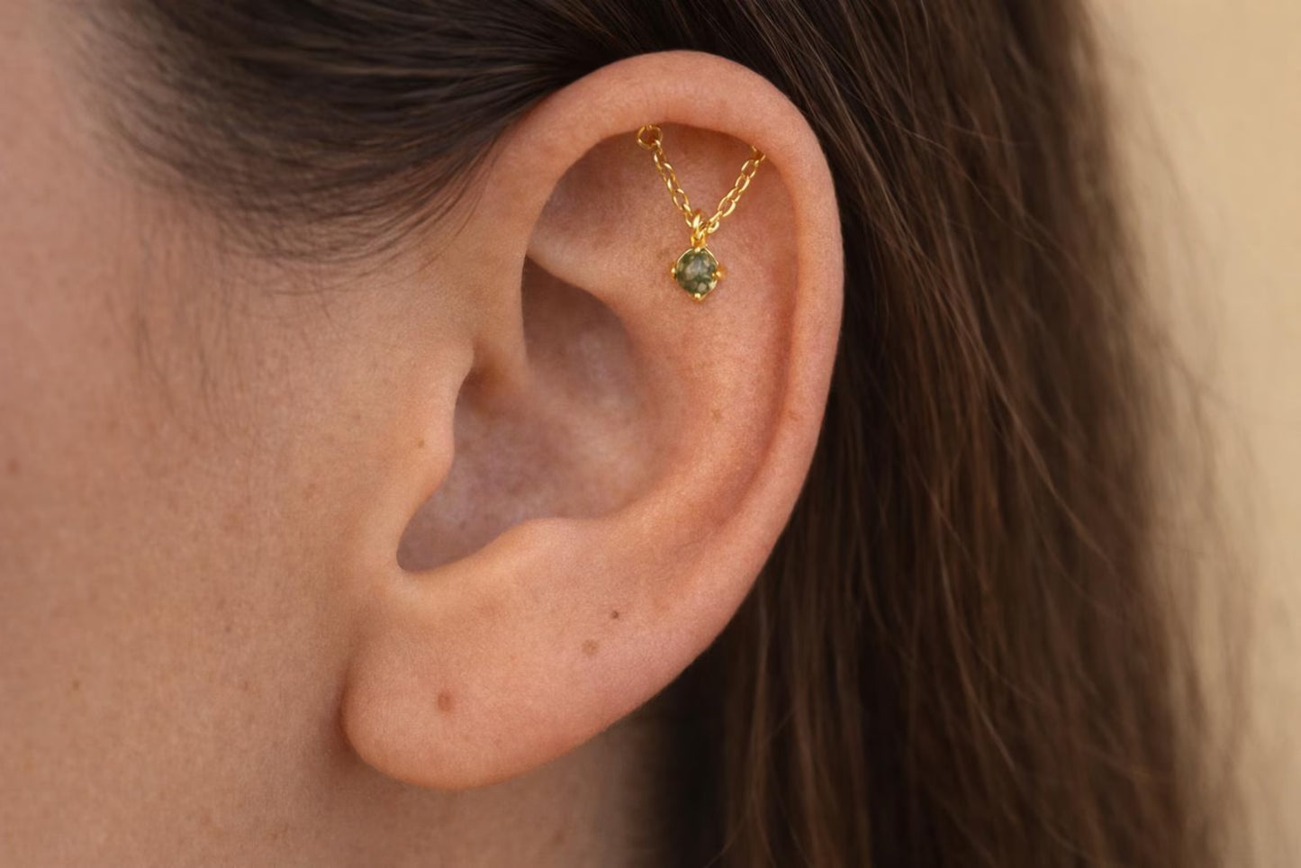 Moss Agate Flat Back Earrings • Gold Studs • 925 Silver Tiny Green Cartilage Earrings • Helix Piercing Jewelry •