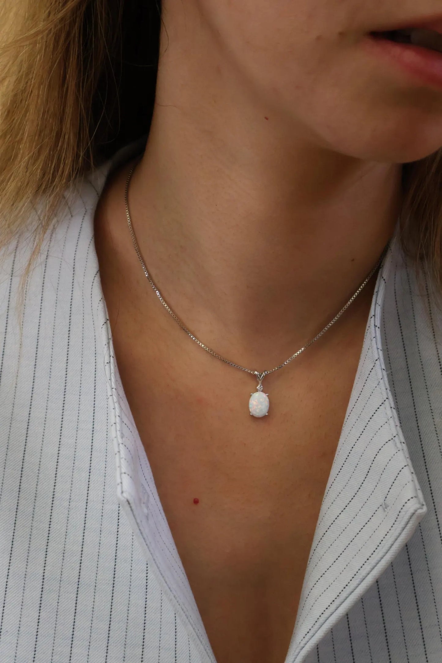 Opal Necklace in Genuine 925 Sterling Silver ∙ White Opal Drop Oval Charm Necklace
