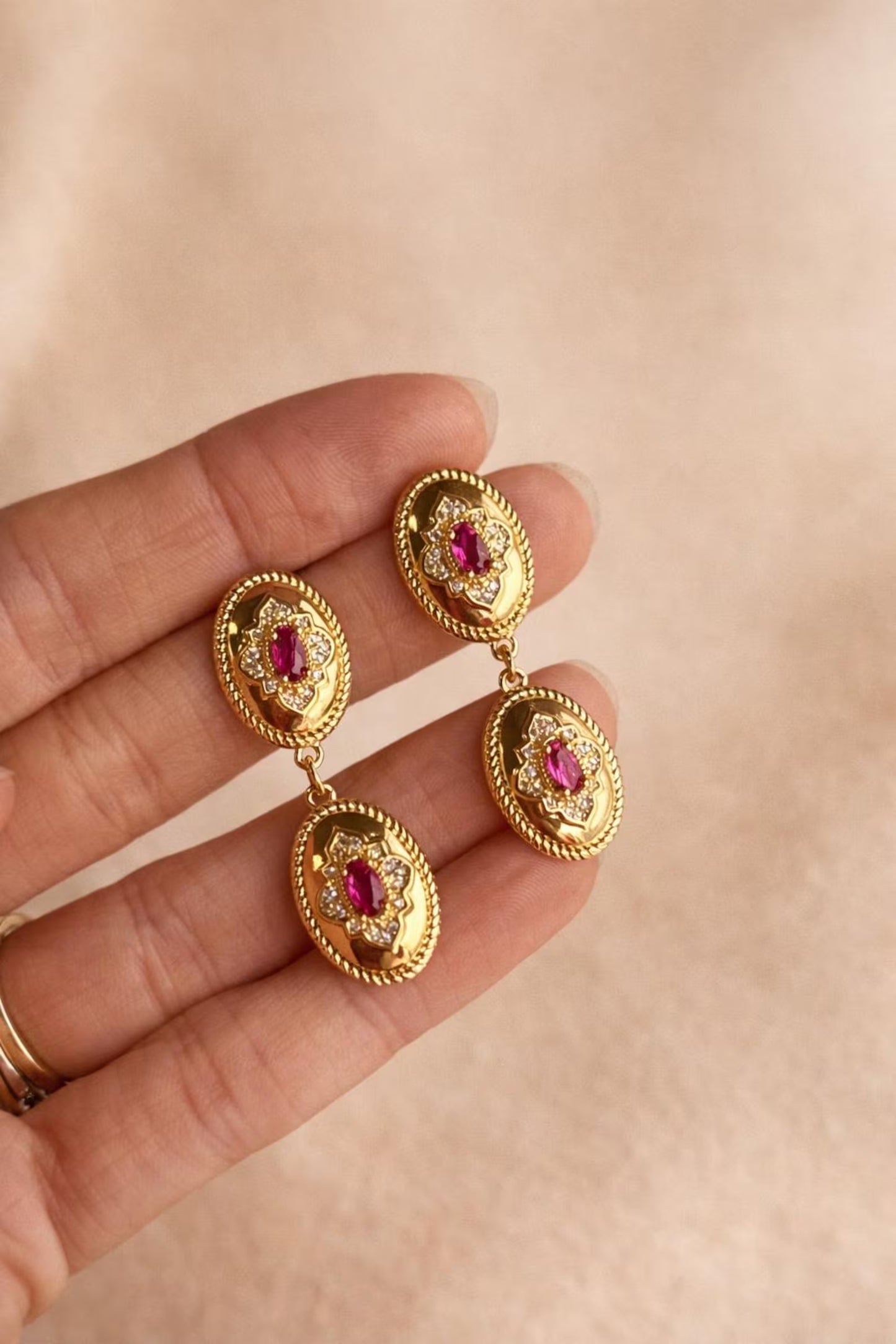 Western Vintage Earrings · Country Oval Dangle Stud Earrings · Pink Gemstone · 14K Gold Plated Lightweight Earrings · Regency Earrings Style