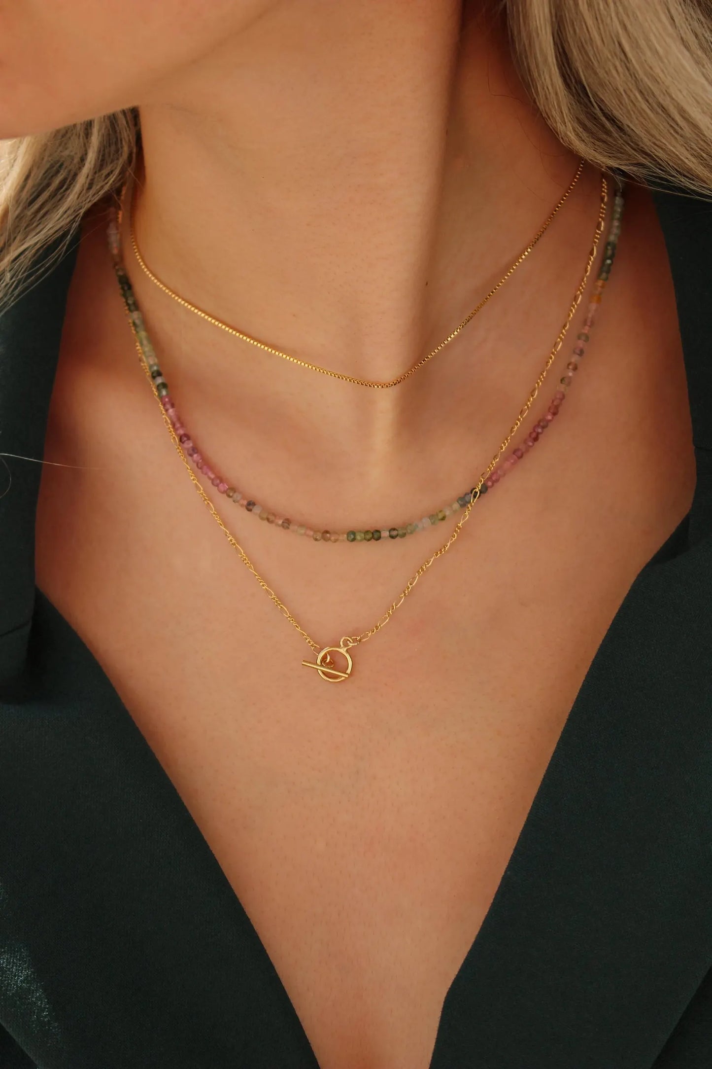 Pink Green Tourmaline Beaded Necklace with 14k Gold Filled Toggle Clasp