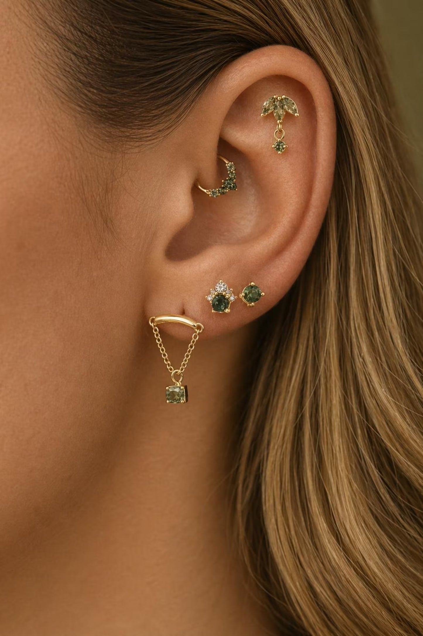 Moss Agate Flat Back Earrings • Gold Studs • 925 Silver Tiny Green Cartilage Earrings • Helix Piercing Jewelry •