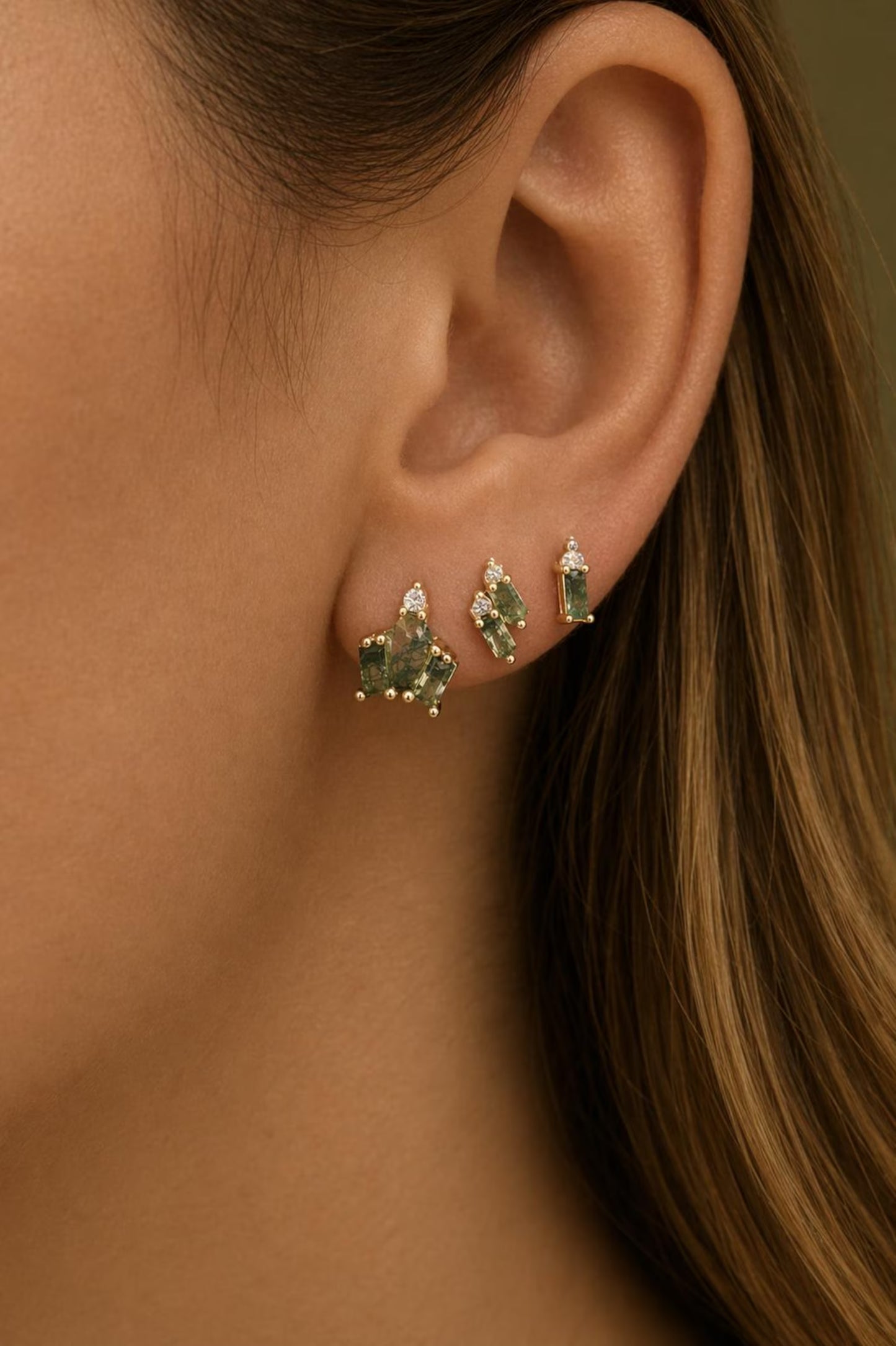 Moss Agate Flat Back Earrings • Gold Studs • 925 Silver Tiny Green Cartilage Earrings • Helix Piercing Jewelry •