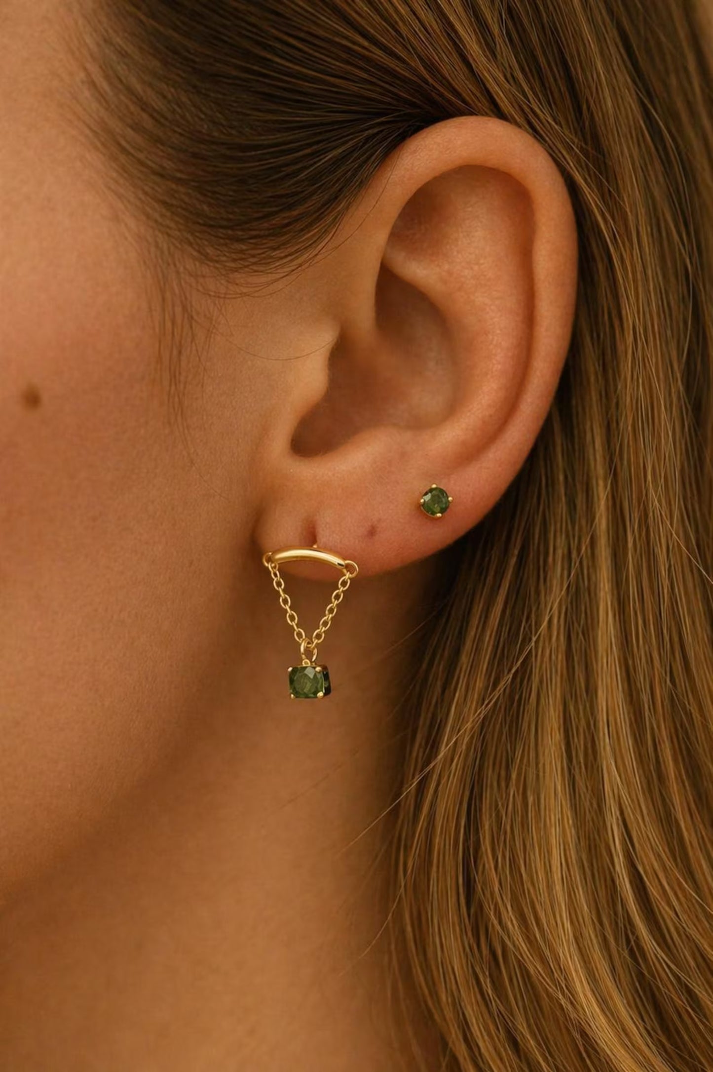Moss Agate Flat Back Earrings • Gold Studs • 925 Silver Tiny Green Cartilage Earrings • Helix Piercing Jewelry •