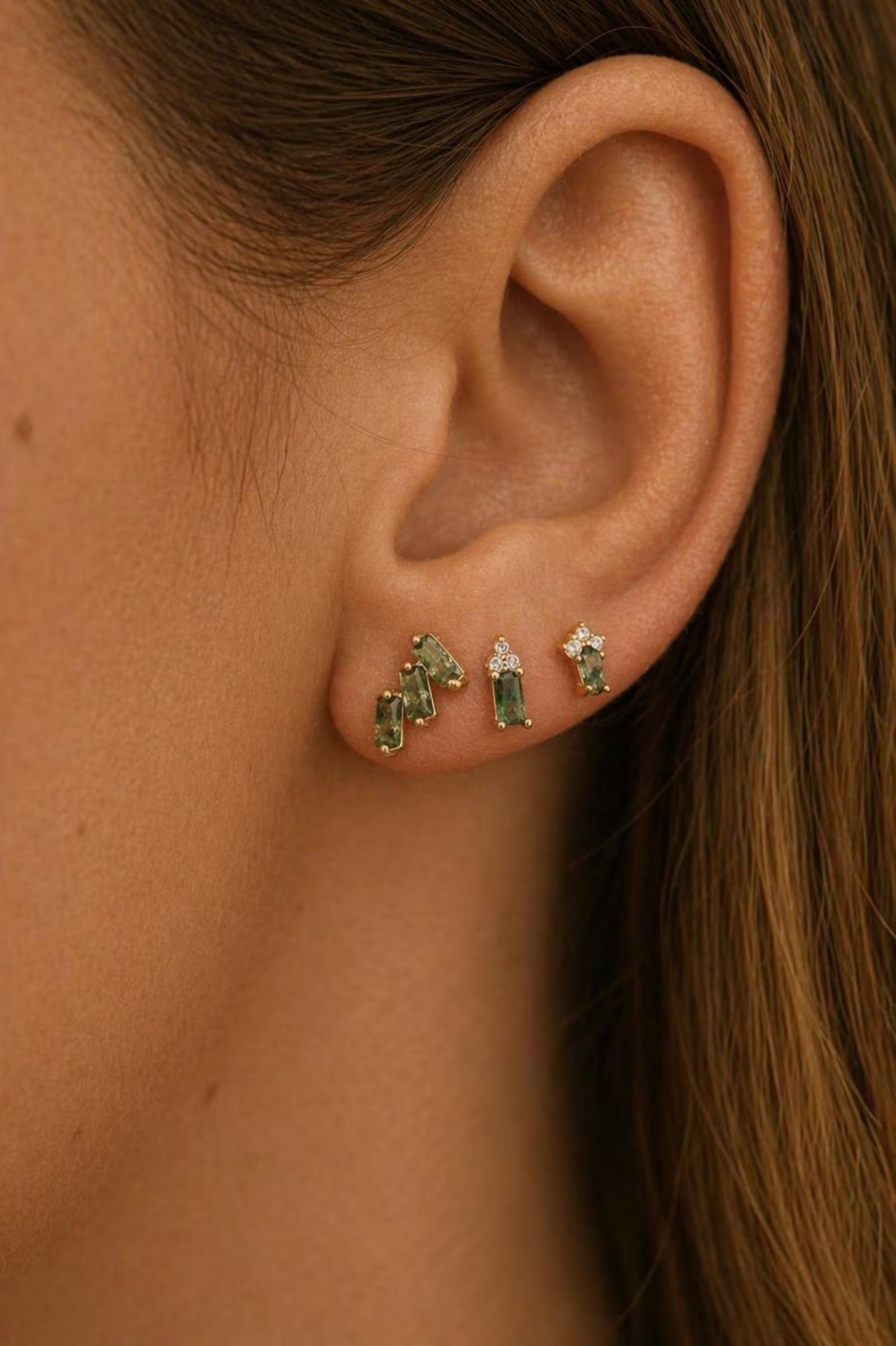 Moss Agate Flat Back Earrings • Gold Studs • 925 Silver Tiny Green Cartilage Earrings • Helix Piercing Jewelry •