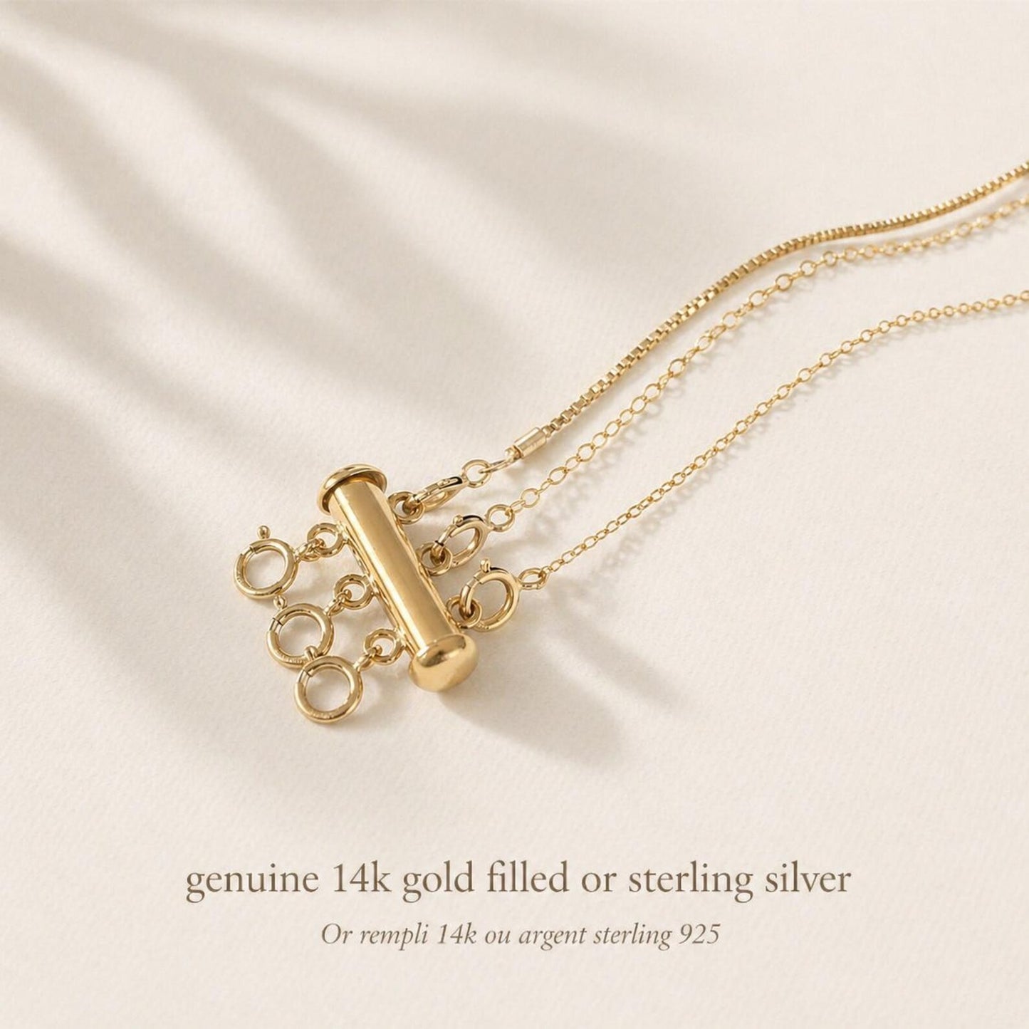 Fermoir à glissière en Or rempli 14k ou Argent sterling 925 · Relieur de colliers · Évite aux colliers de s'entremêler · Empêche les chaînes de tourner