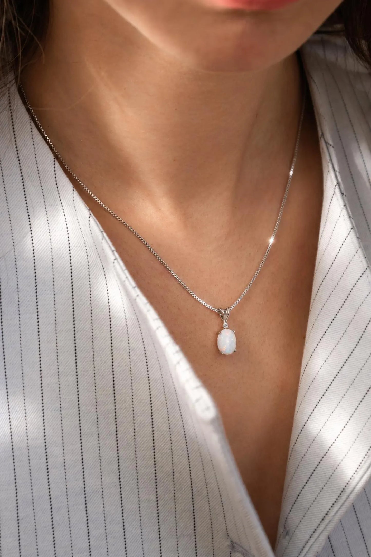 Opal Necklace in Genuine 925 Sterling Silver ∙ White Opal Drop Oval Charm Necklace