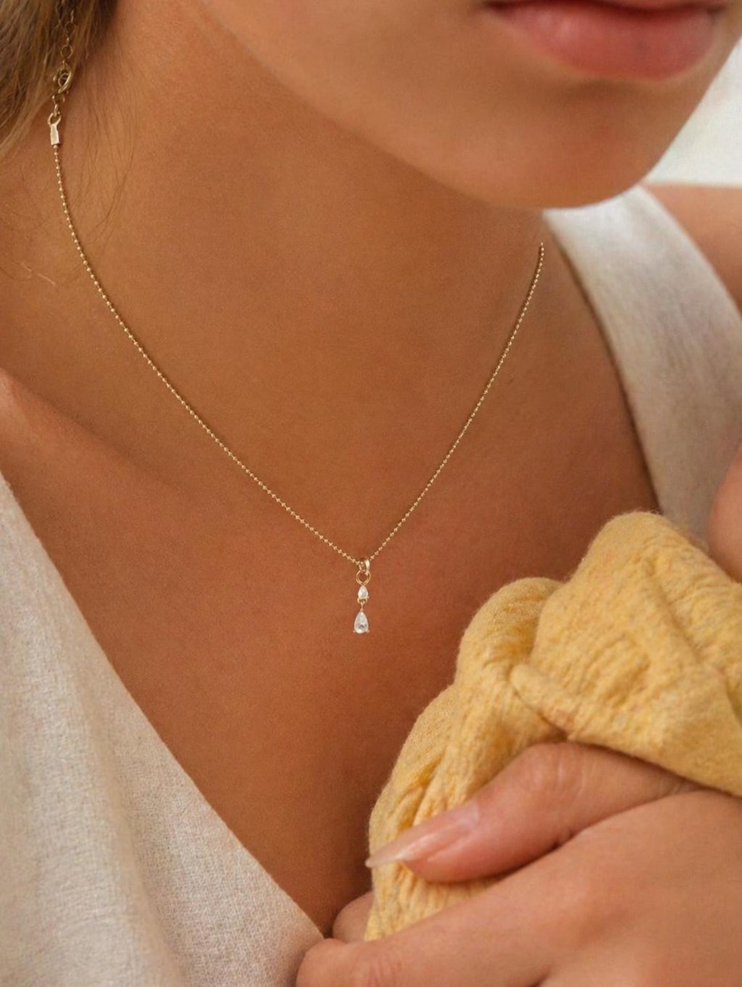14K Gold Filled Double White Teardrop Necklace · Minimalist Dainty Pendant · Marquise Necklace