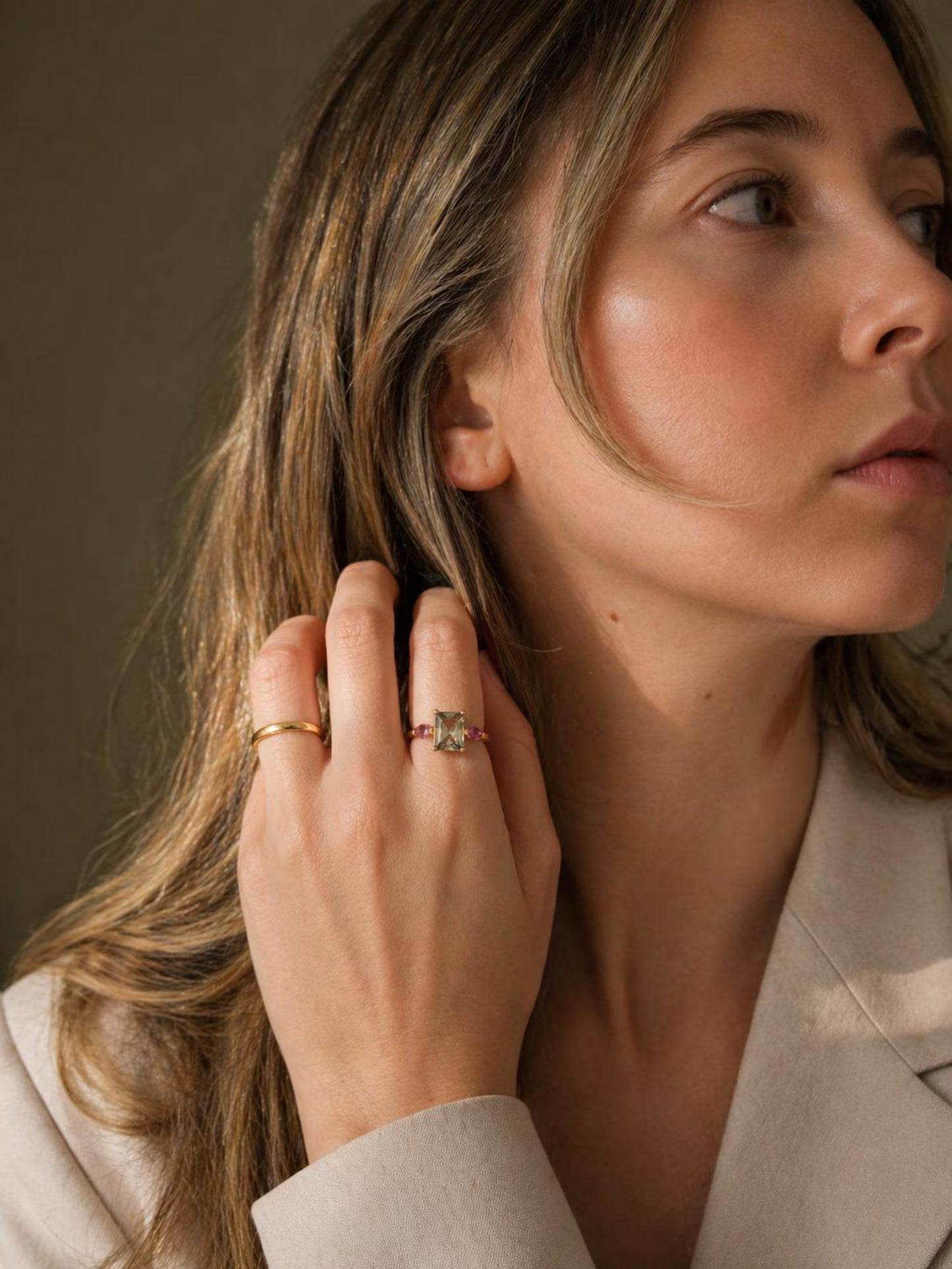 AUDREY - 18K Gold Vermeil AAAAA Green Emerald Cut and Pink Ring