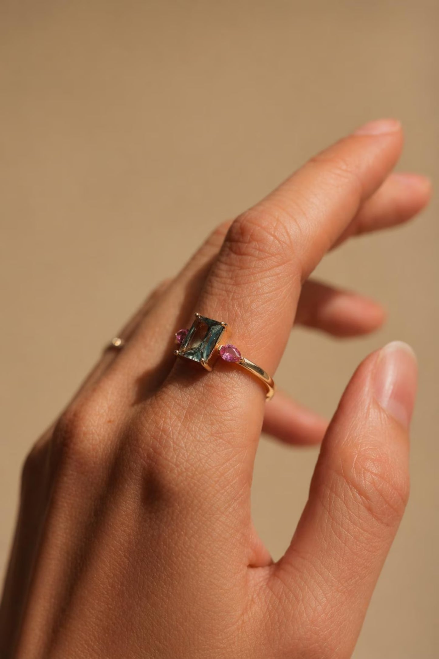 AUDREY - 18K Gold Vermeil AAAAA Green Emerald Cut and Pink Ring