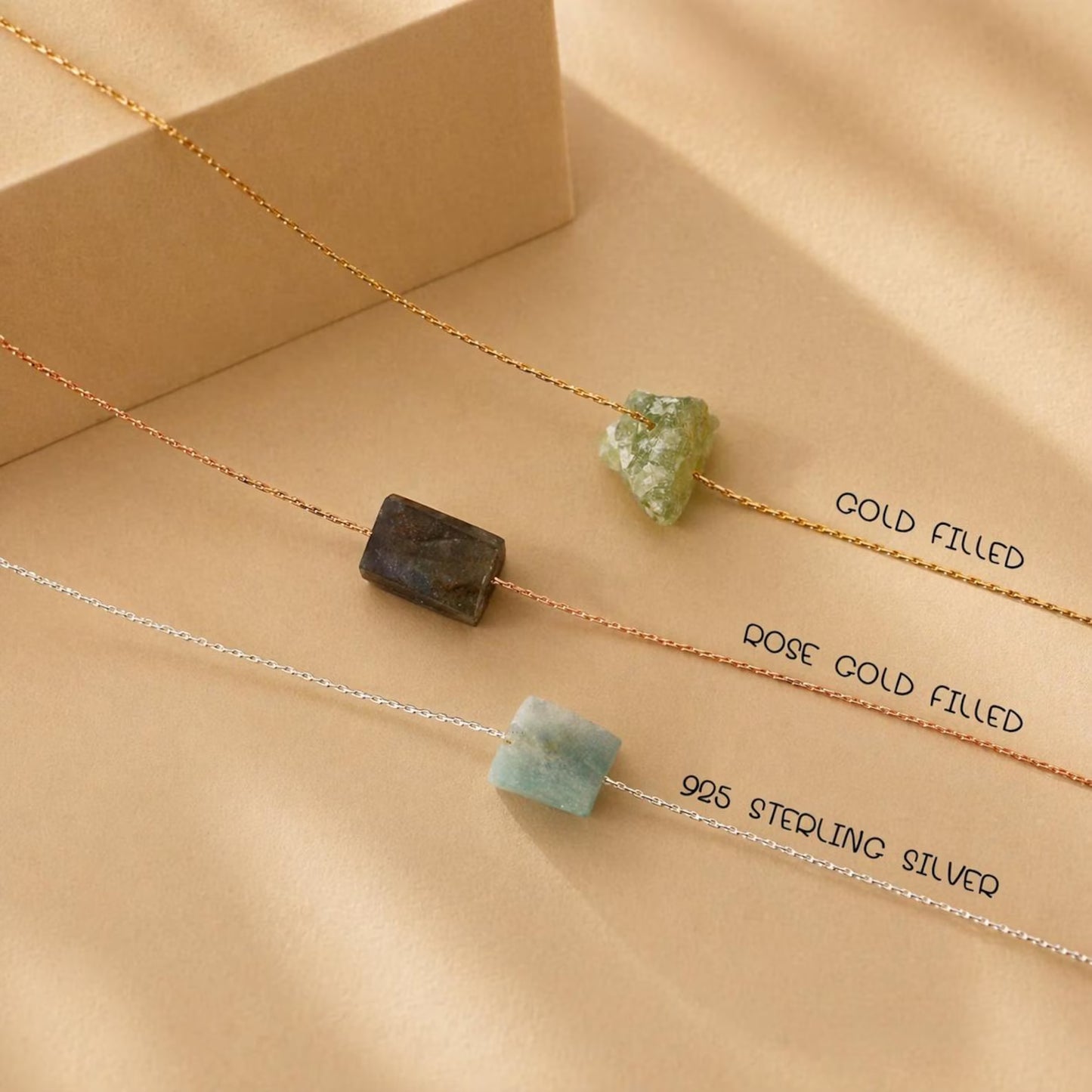 Gemstone Raw Crystal Necklace in 14k Gold Filled · Natural Freeform Stones · Labradorite Moonstone Peridot Rose Quartz Carnelian Necklace
