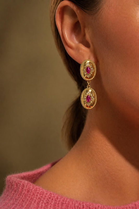 Western Vintage Earrings · Country Oval Dangle Stud Earrings · Pink Gemstone · 14K Gold Plated Lightweight Earrings · Regency Earrings Style