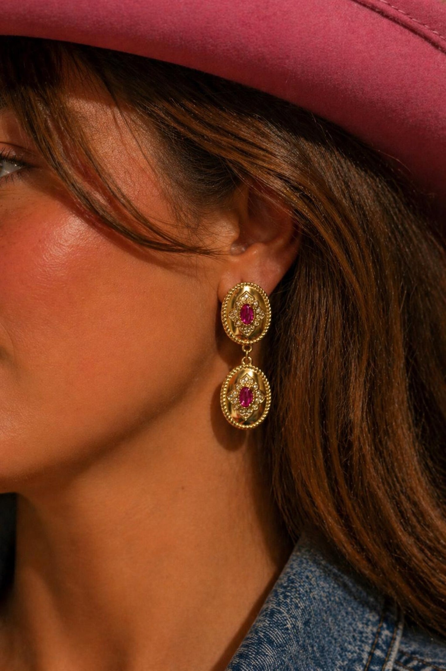 Western Vintage Earrings · Country Oval Dangle Stud Earrings · Pink Gemstone · 14K Gold Plated Lightweight Earrings · Regency Earrings Style