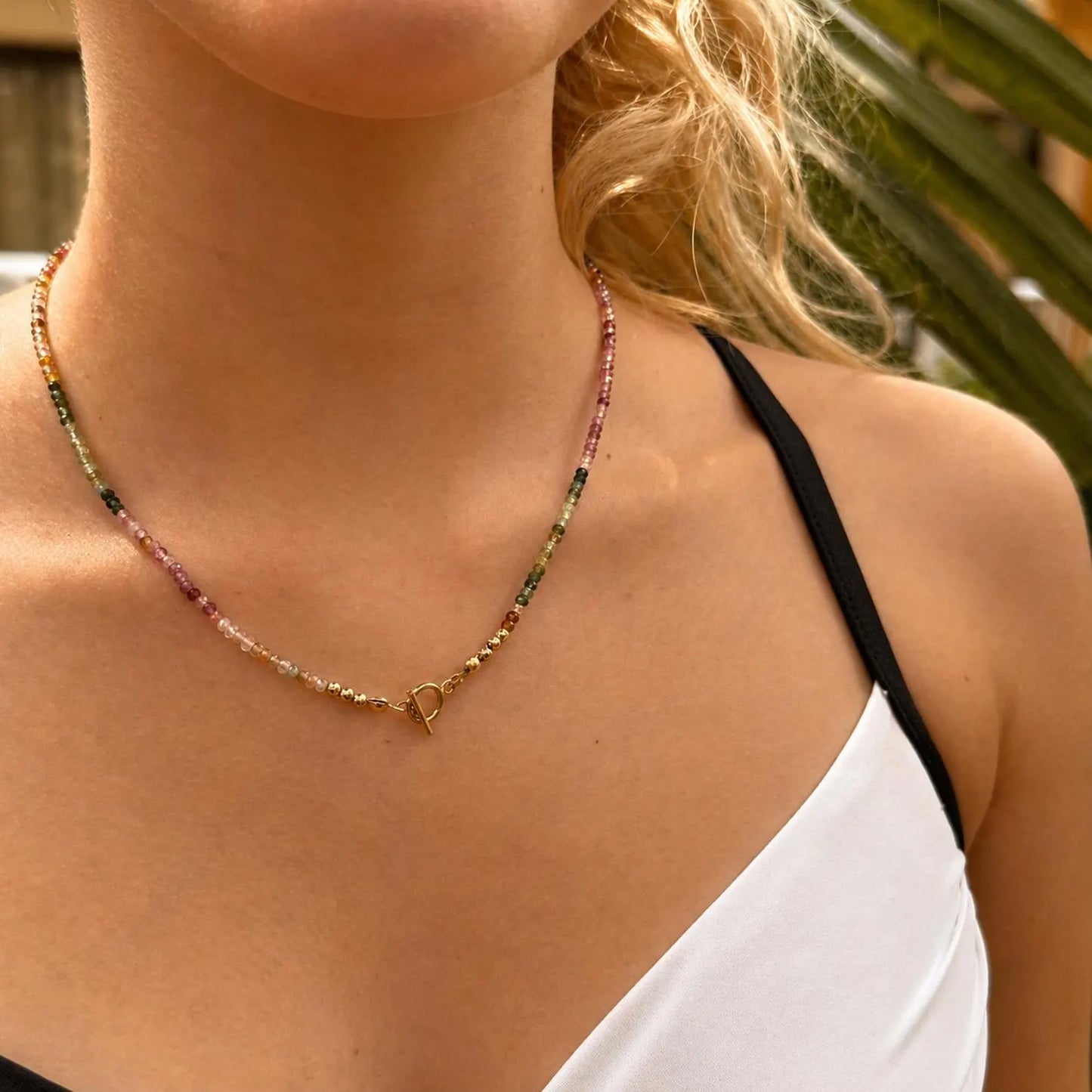 Pink Green Tourmaline Beaded Necklace with 14k Gold Filled Toggle Clasp