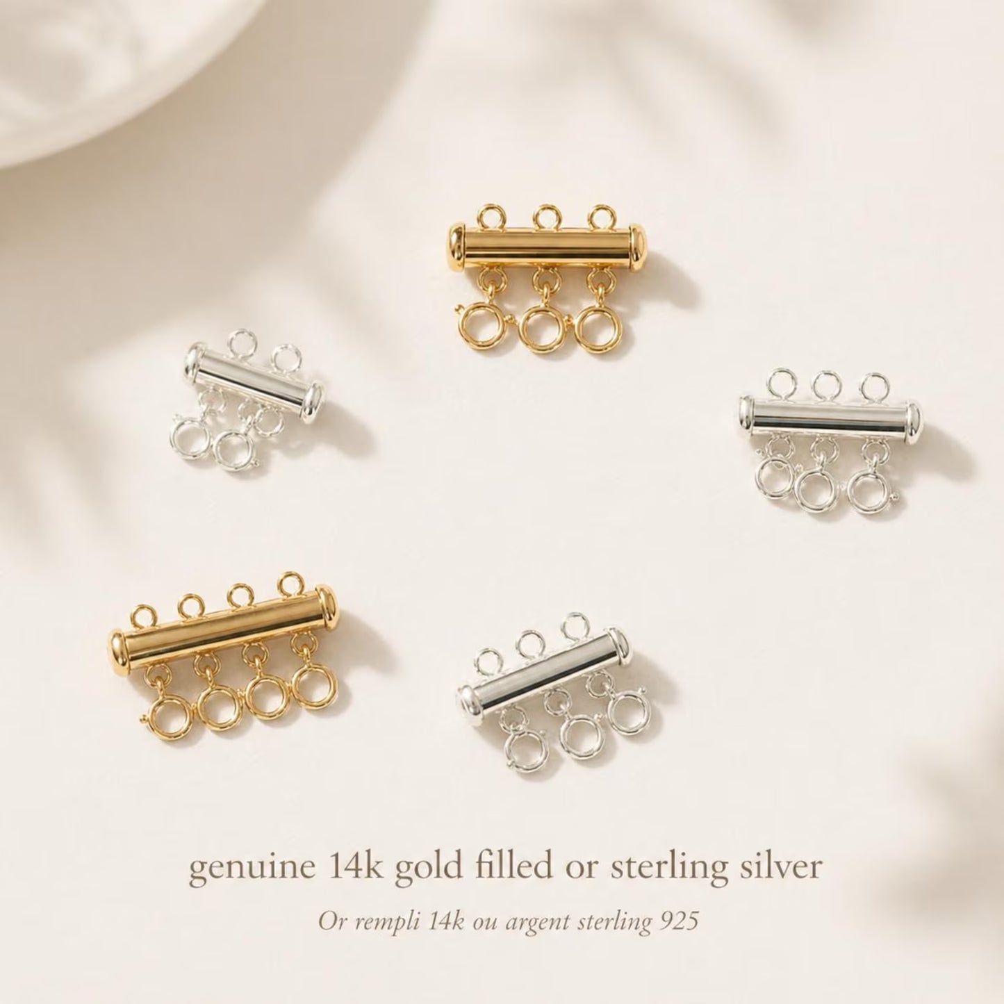 Fermoir à glissière en Or rempli 14k ou Argent sterling 925 · Relieur de colliers · Évite aux colliers de s'entremêler · Empêche les chaînes de tourner