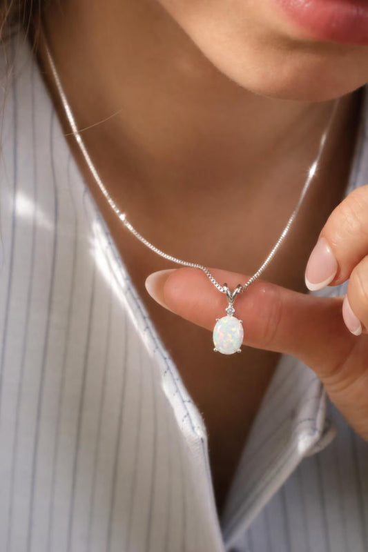 Collier Opal en véritable argent sterling 925 et placage rhodium | Collier pendentif goutte d'opale blanche