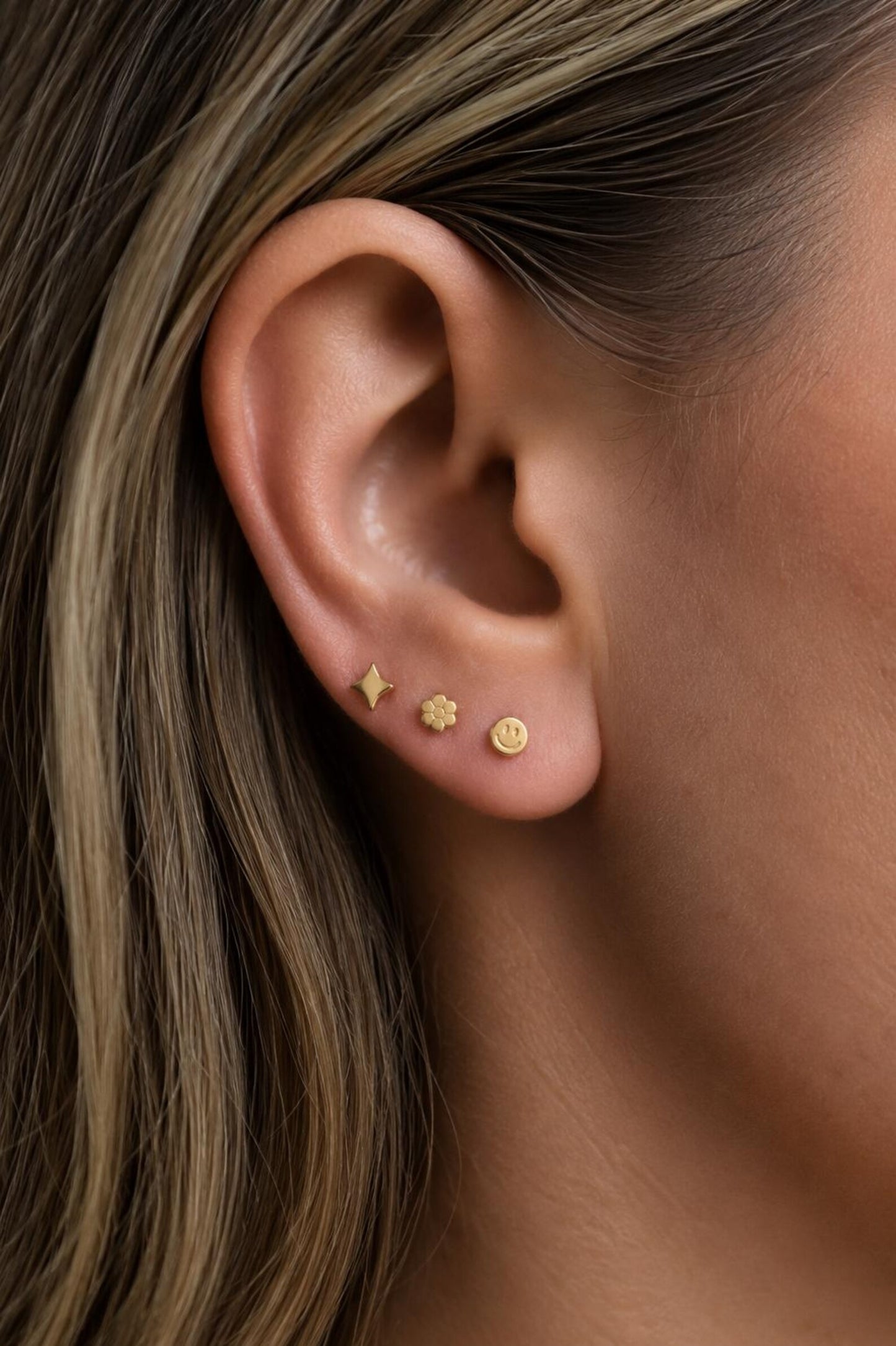 14K Gold Filled Flat Back Studs · Star Heart Smiley Flower · Earrings for Kids Hypoallergenic