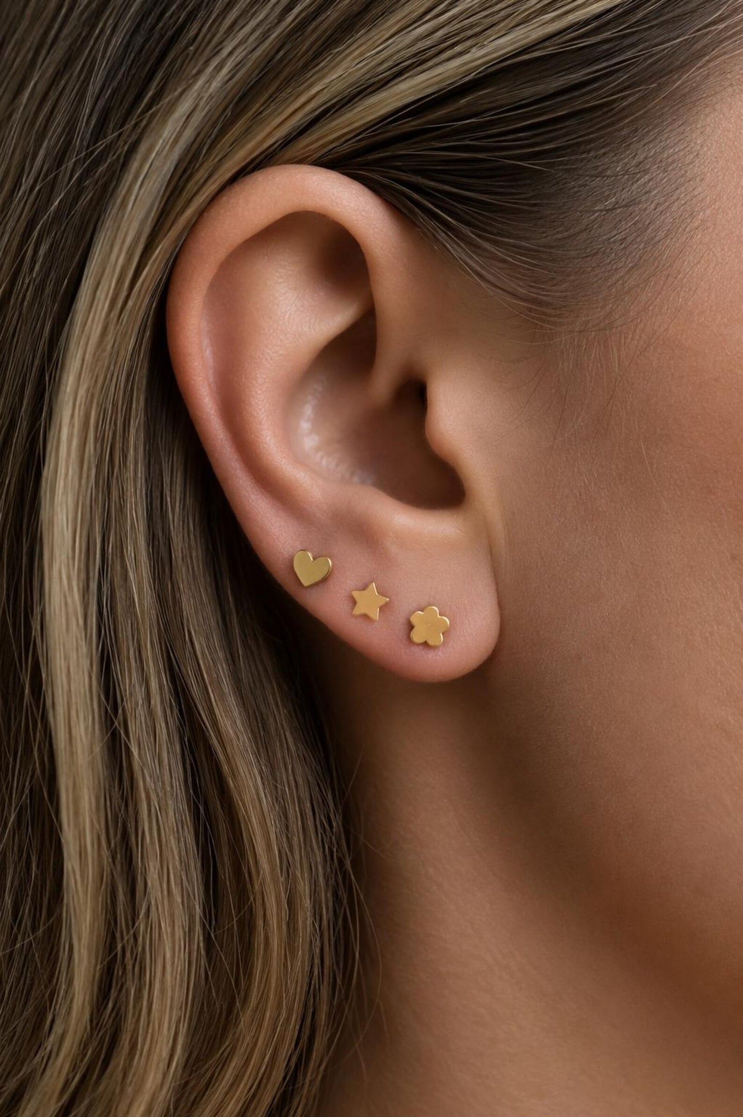 14K Gold Filled Flat Back Studs · Star Heart Smiley Flower · Earrings for Kids Hypoallergenic