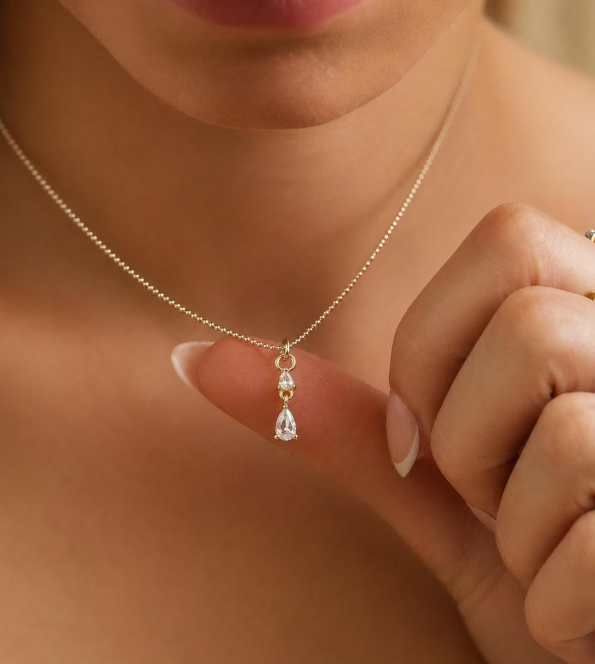 14K Gold Filled Double White Teardrop Necklace · Minimalist Dainty Pendant · Marquise Necklace