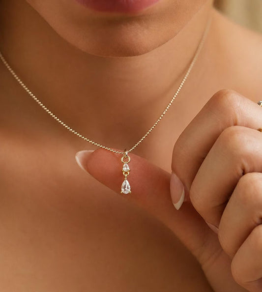 14K Gold Filled Double White Teardrop Necklace · Minimalist Dainty Pendant · Marquise Necklace