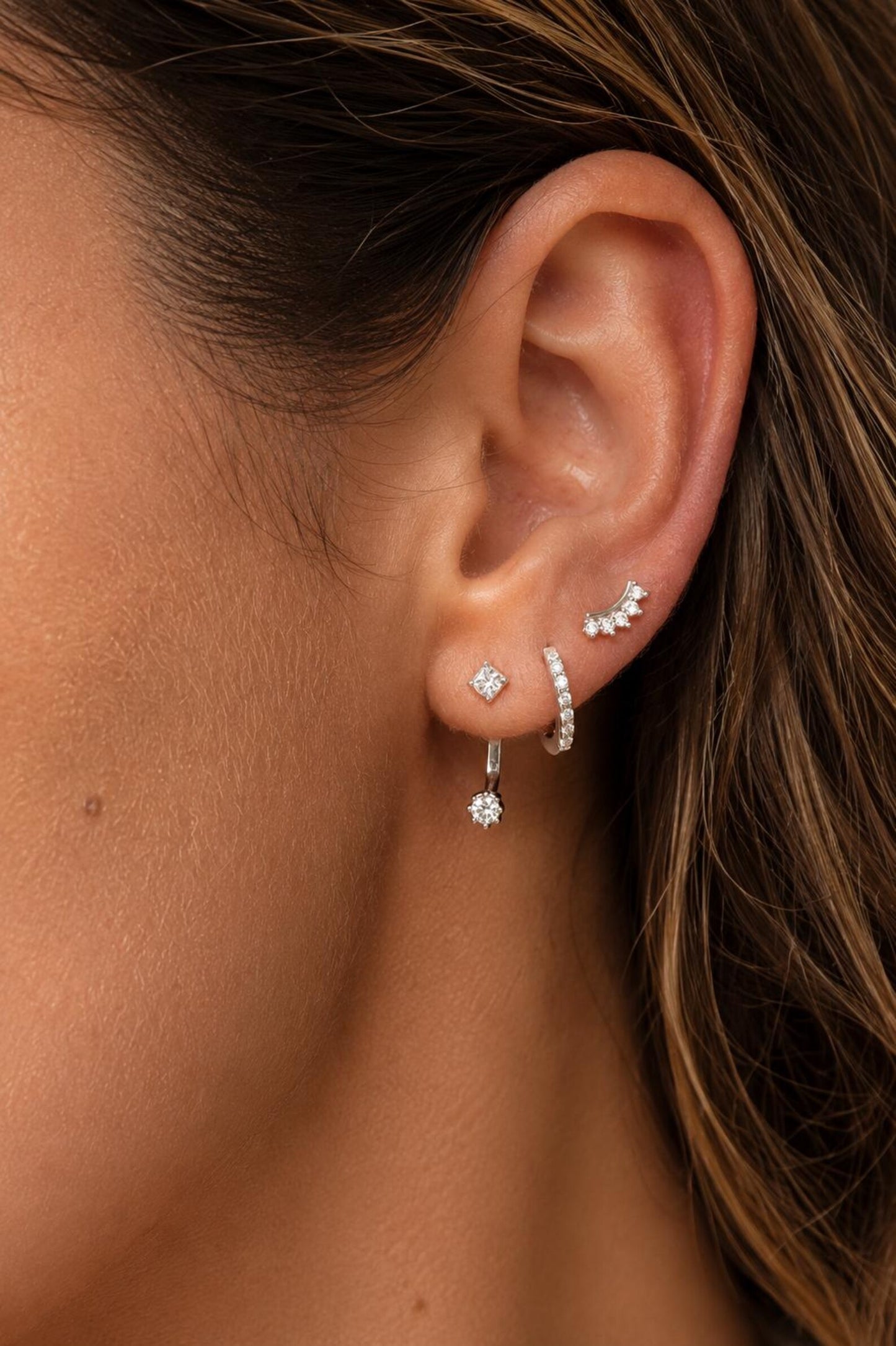 Set of 3 925 Sterling Silver Diamond Earrings · Diamond Gold Hoops Gift For Her