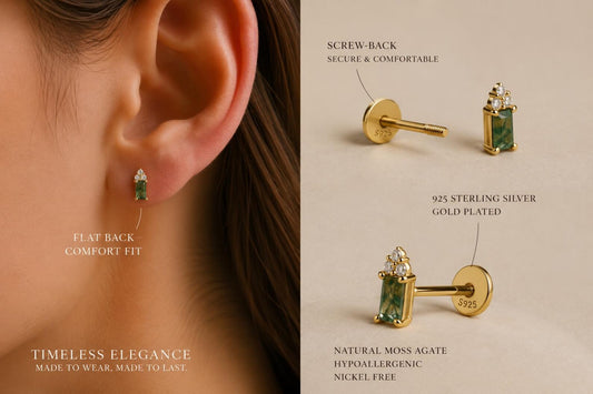 Moss Agate Flat Back Earrings • Gold Studs • 925 Silver Tiny Green Cartilage Earrings • Helix Piercing Jewelry •