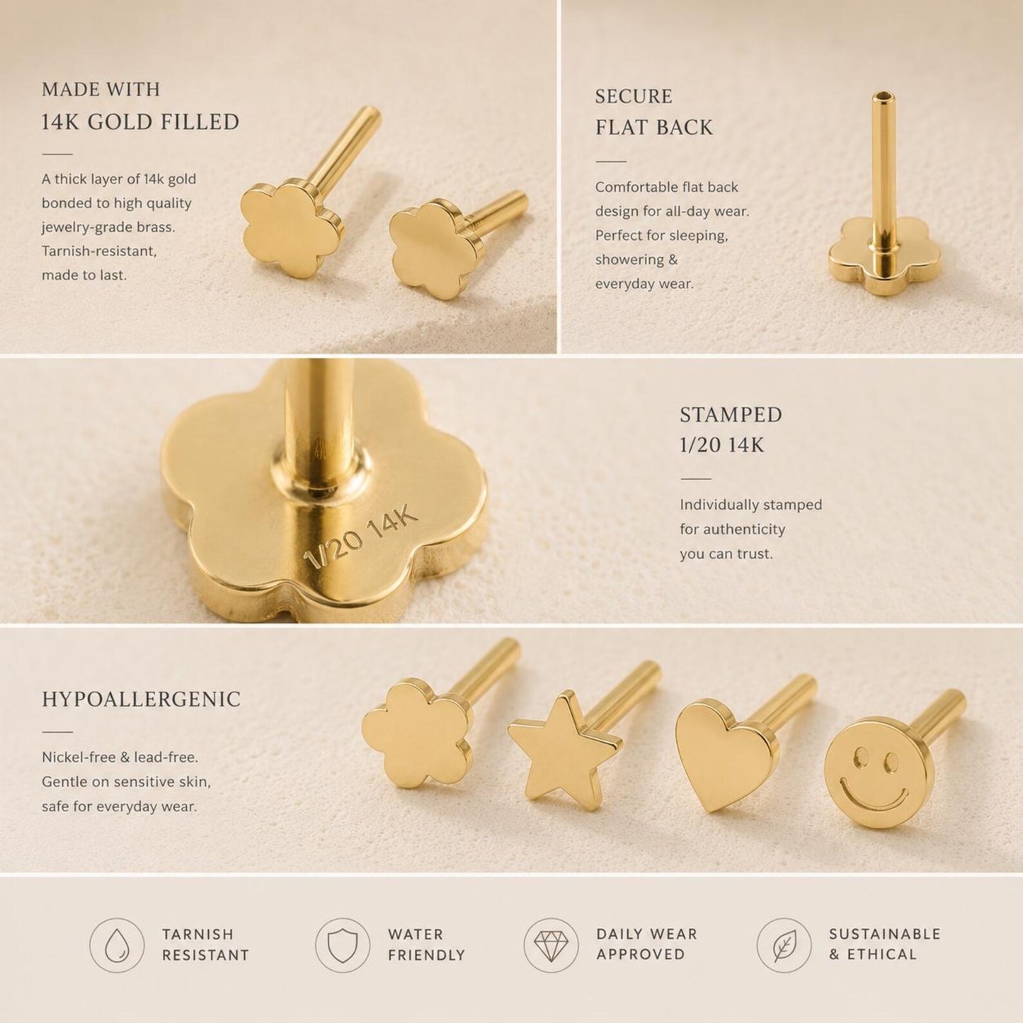 14K Gold Filled Flat Back Studs · Star Heart Smiley Flower · Earrings for Kids Hypoallergenic