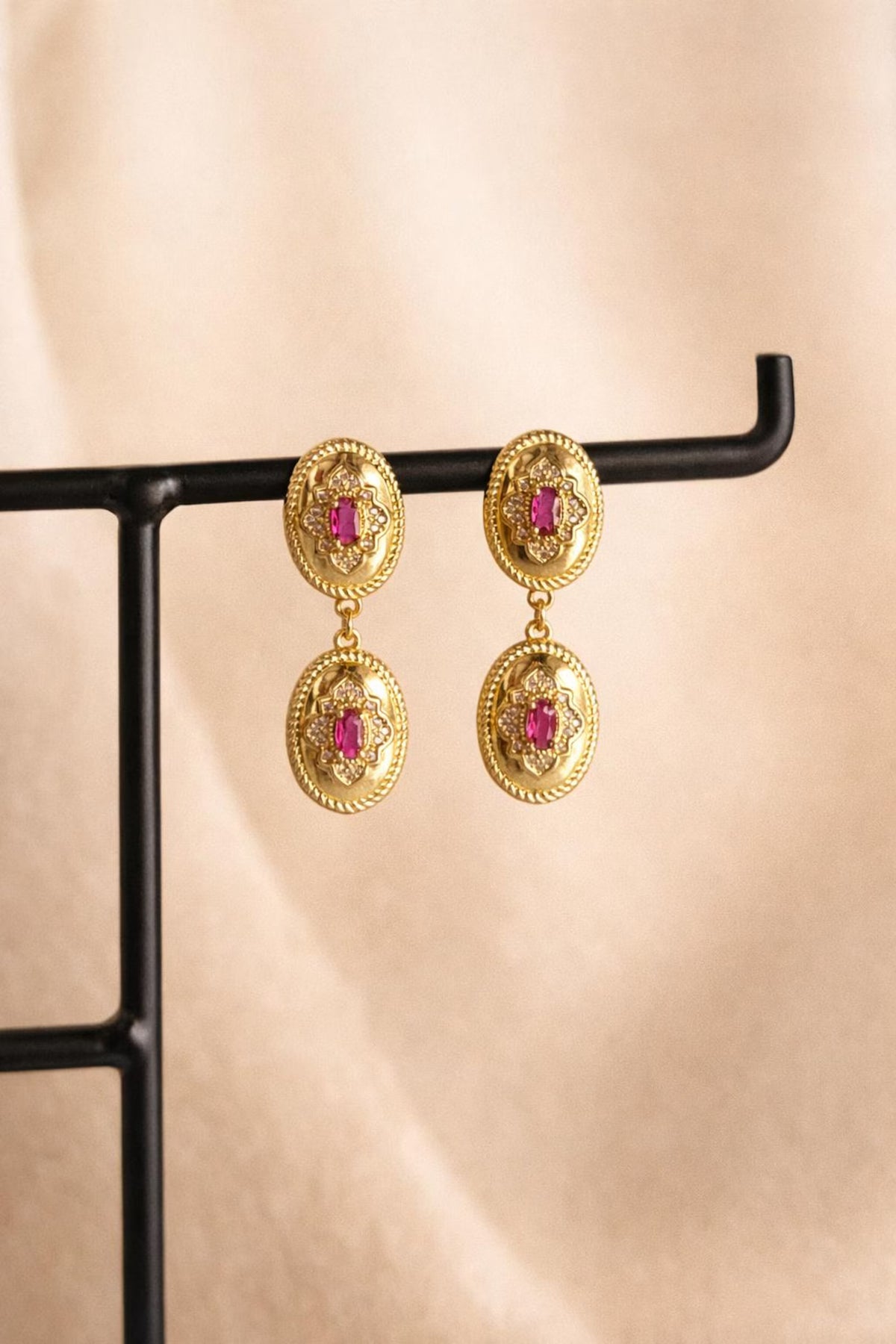 Western Vintage Earrings · Country Oval Dangle Stud Earrings · Pink Gemstone · 14K Gold Plated Lightweight Earrings · Regency Earrings Style