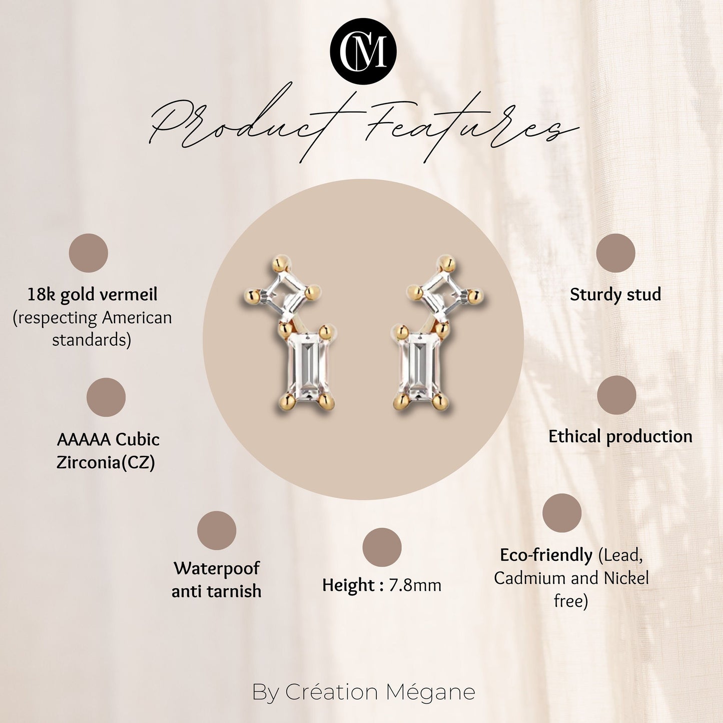 18k Gold Vermeil Multi Baguette Stud Earrings