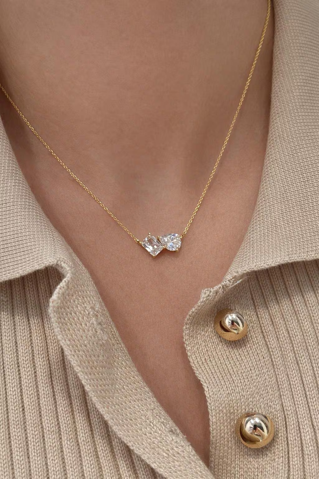 Toi et Moi Aesthetic Dainty Cubic Zirconia Necklace 925 Silver Gold · Pendant Necklace with Emerald Cut & Teardrop Gemstones