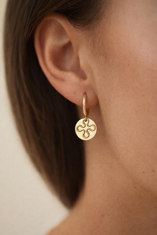 Waterproof Genuine All 14k Gold Filled Earrings · Round Disc With Flower Pattern Earrings With Secure Clasp