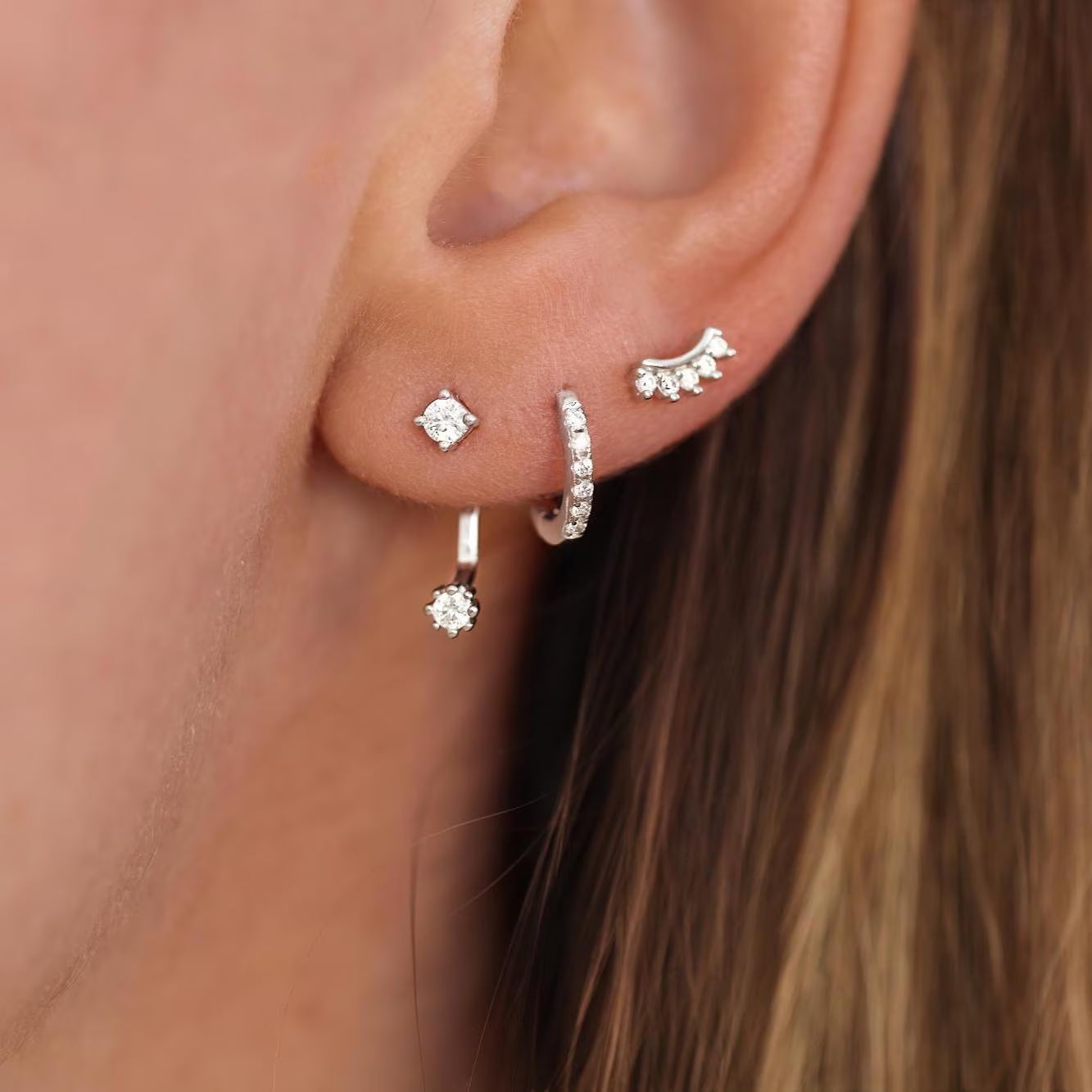 Set of 3 925 Sterling Silver Diamond Earrings · Diamond Gold Hoops Gift For Her