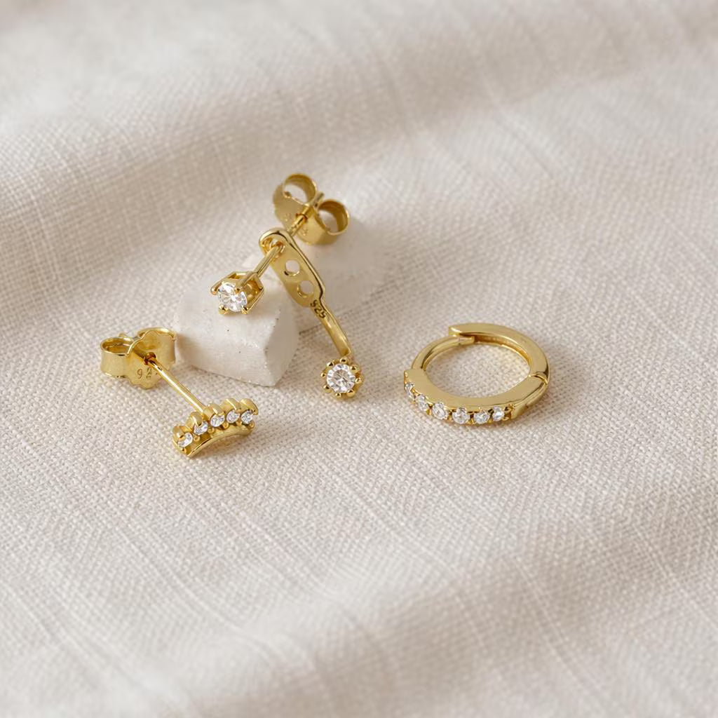 Set of 3 925 Sterling Silver Diamond Earrings · Diamond Gold Hoops Gift For Her