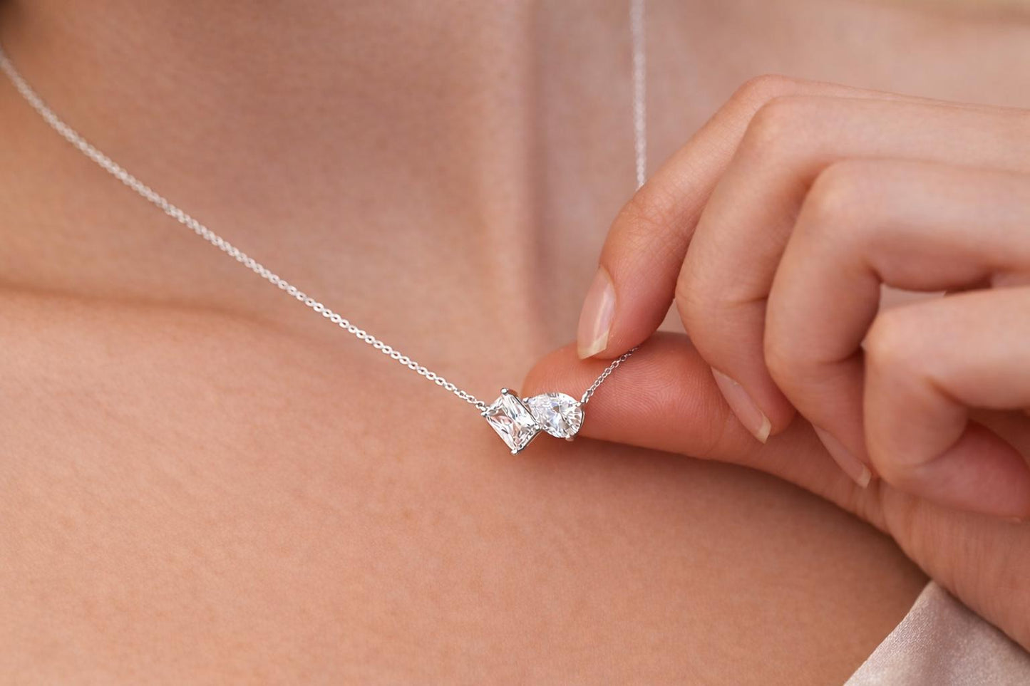 Toi et Moi Aesthetic Dainty Cubic Zirconia Necklace 925 Silver Gold · Pendant Necklace with Emerald Cut & Teardrop Gemstones