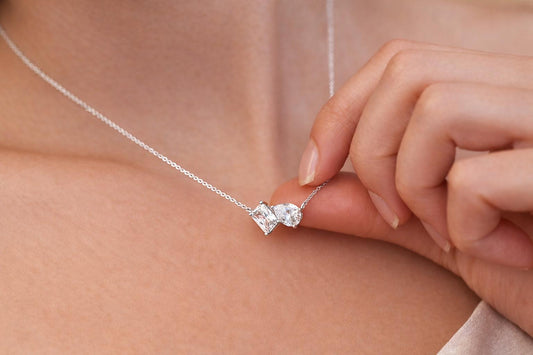 Toi et Moi Aesthetic Dainty Cubic Zirconia Necklace 925 Silver Gold · Pendant Necklace with Emerald Cut & Teardrop Gemstones