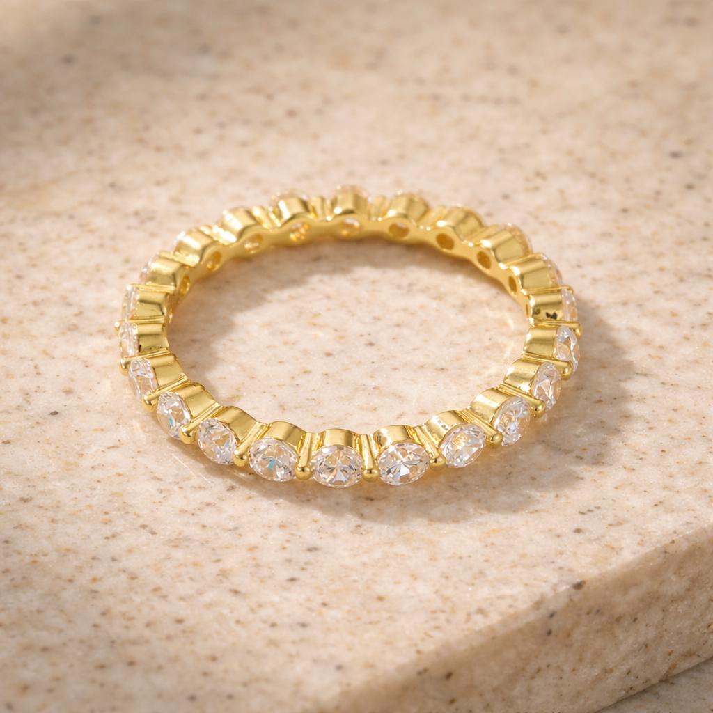 925 Full Eternity Diamond Band Ring  · Round Brilliant Cut · Anniversary Engagement Thick Gold Ring · Classic Stackable Ring · Comfort Fit