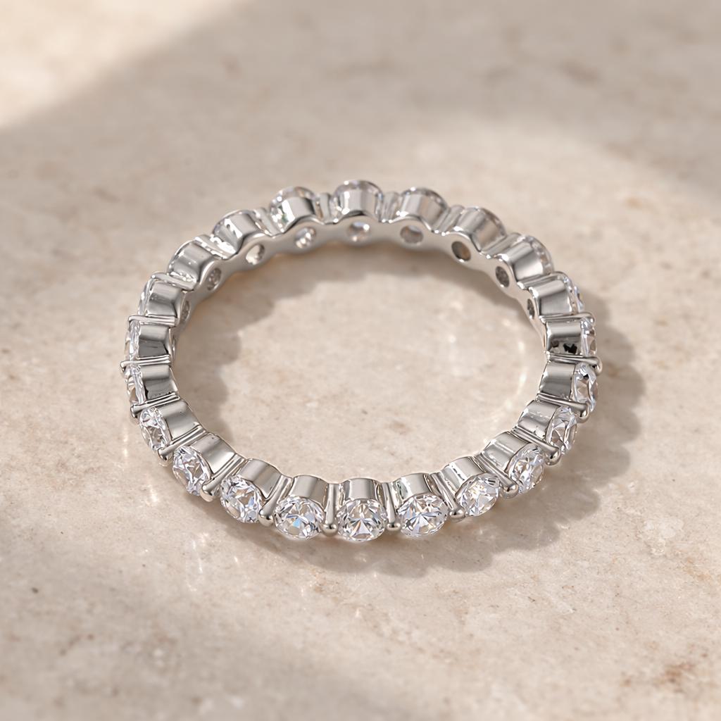925 Full Eternity Diamond Band Ring  · Round Brilliant Cut · Anniversary Engagement Thick Gold Ring · Classic Stackable Ring · Comfort Fit