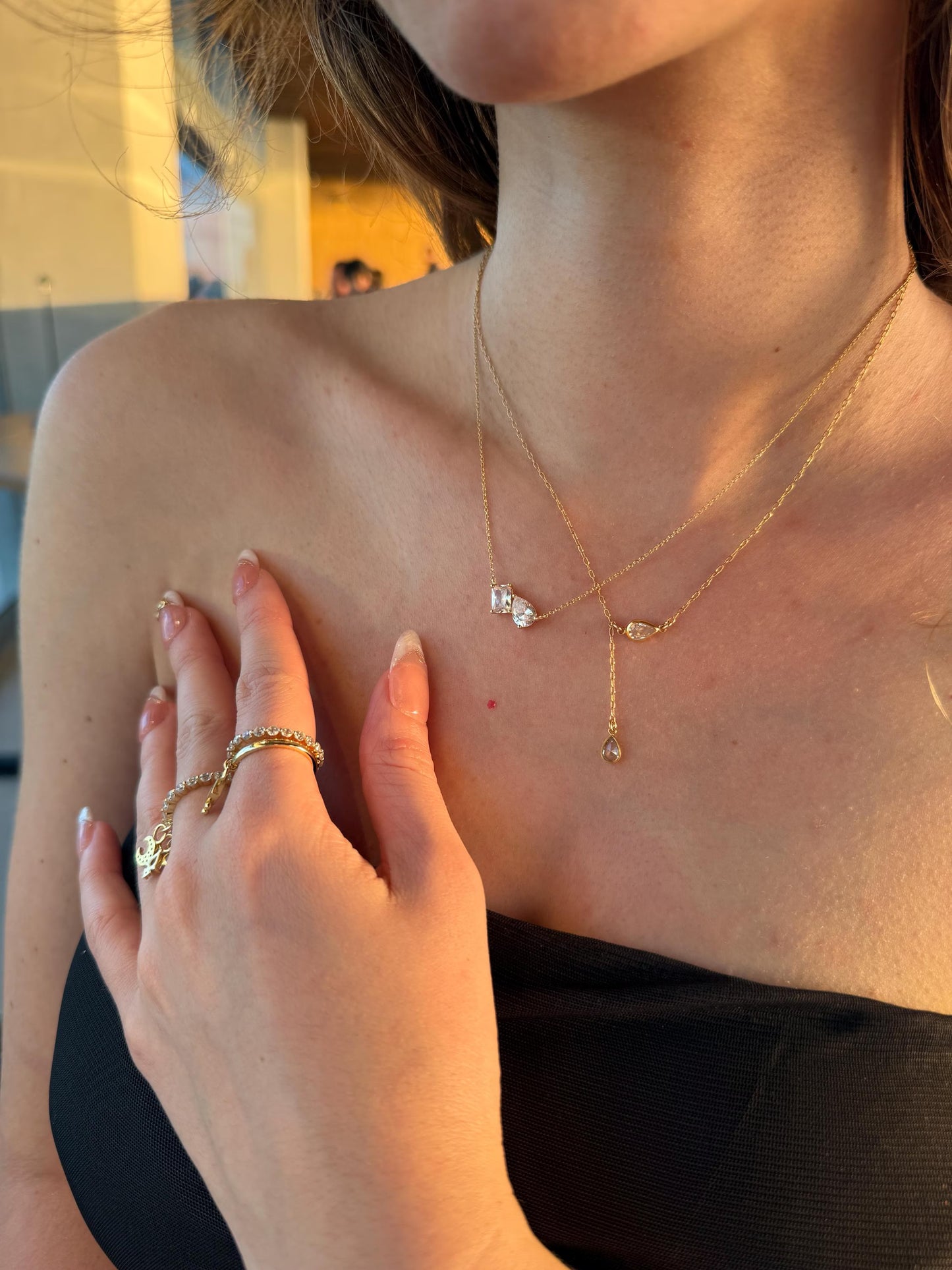 Toi et Moi Aesthetic Dainty Cubic Zirconia Necklace 925 Silver Gold · Pendant Necklace with Emerald Cut & Teardrop Gemstones