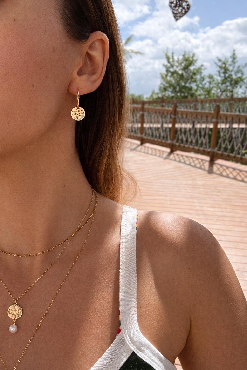 Waterproof Genuine All 14k Gold Filled Earrings · Round Disc With Flower Pattern Earrings With Secure Clasp