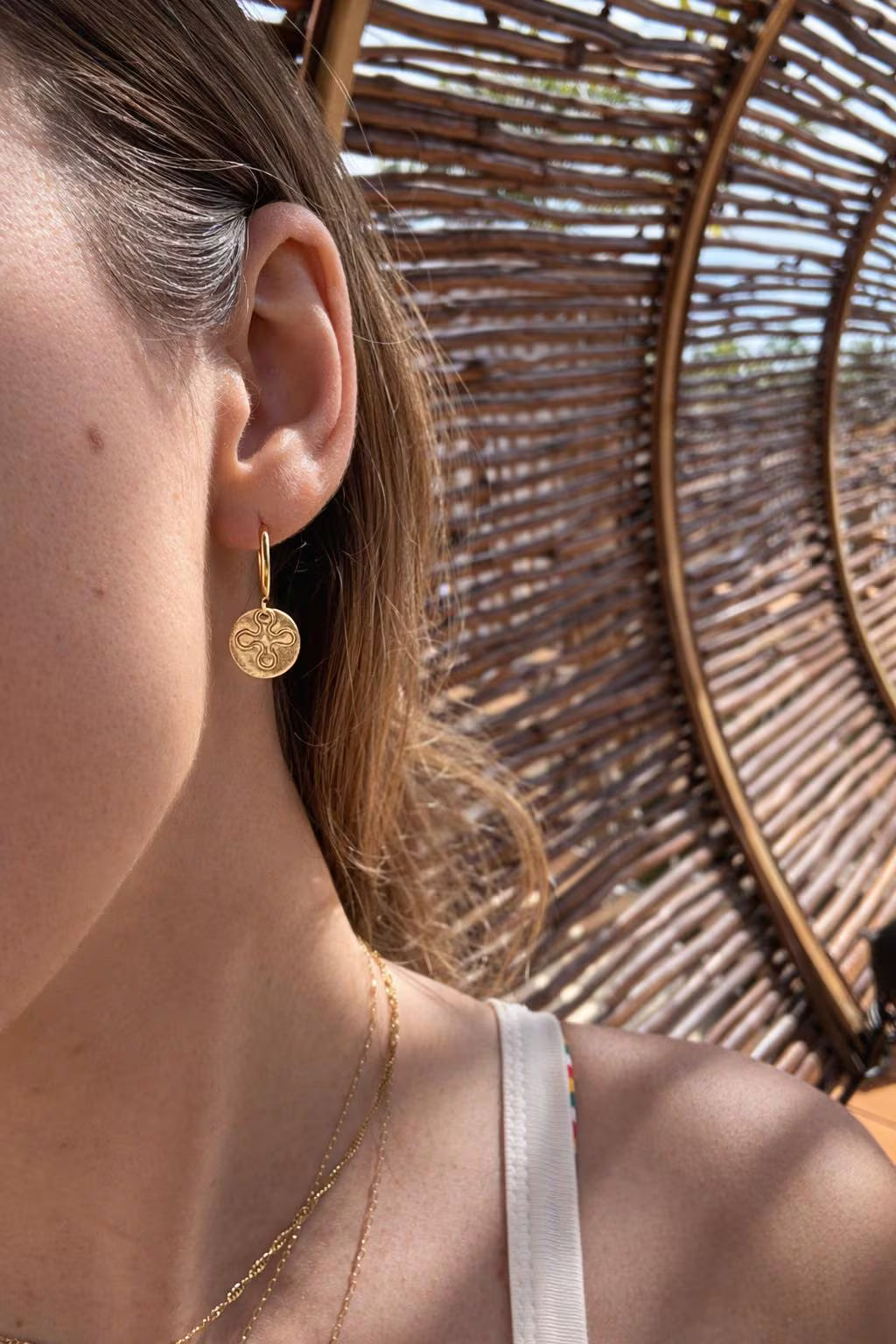 Waterproof Genuine All 14k Gold Filled Earrings · Round Disc With Flower Pattern Earrings With Secure Clasp